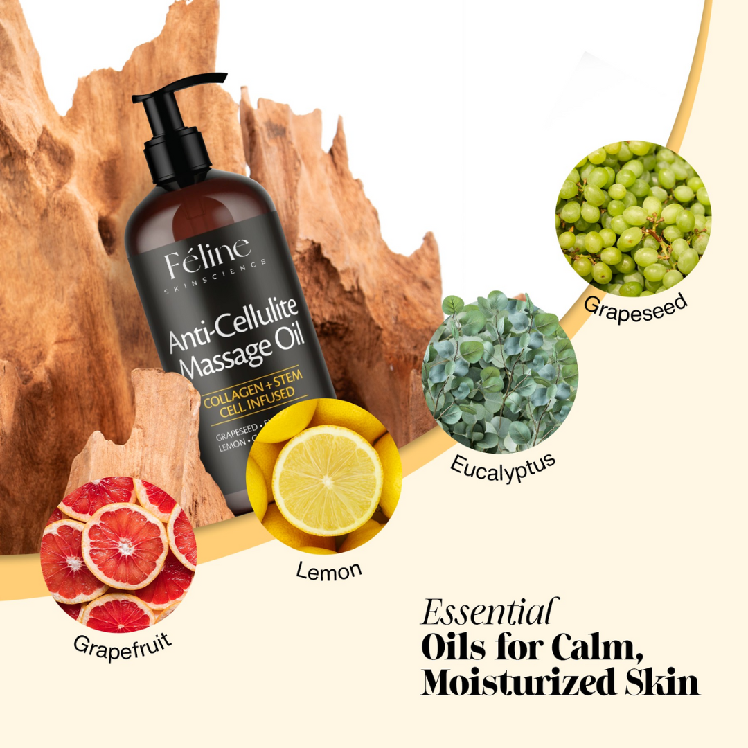 Aplicación de aceite masaje anticelulítico para piel firme, suave y mejorar elasticidad. Tratamiento corporal eficaz.