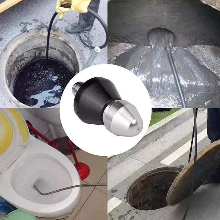 Boquilla de acero inoxidable para limpieza de desagües del hogar. Herramienta de alta presión para fontanería.