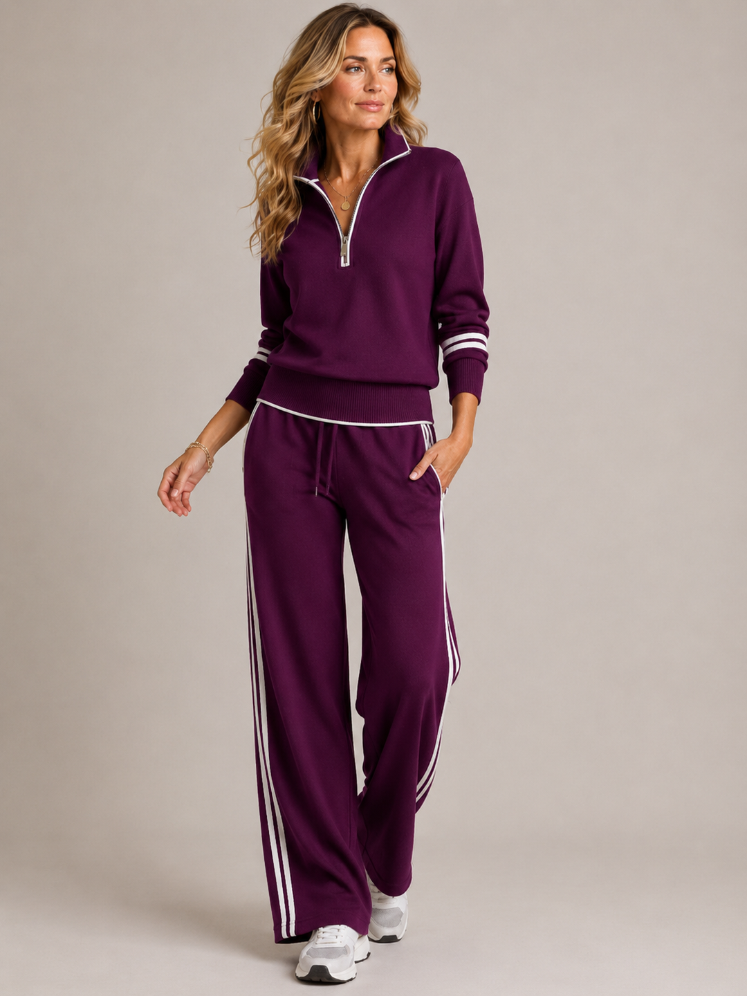 Conjunto de punto para mujer, cuello solapa, franjas, ideal para otoño/invierno. Elegante y cómodo.