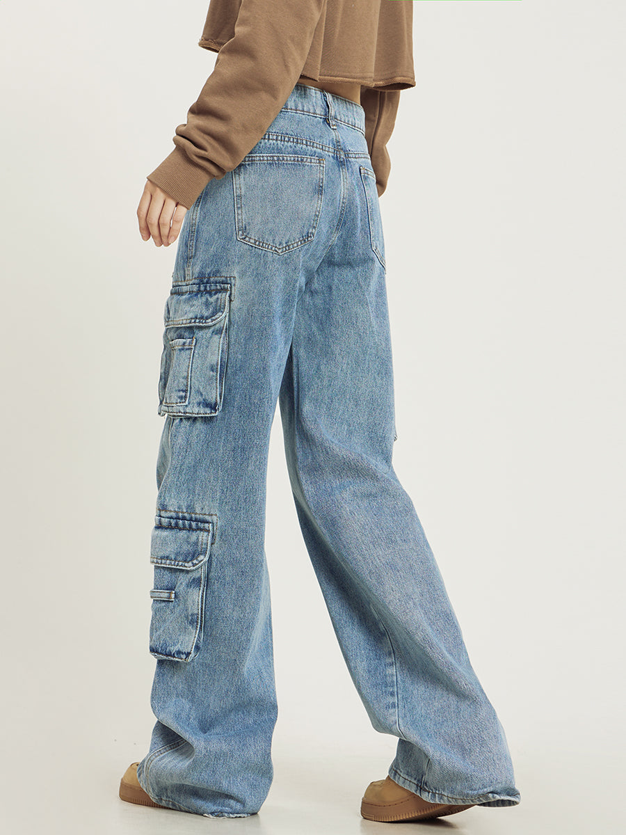 Pantalones vaqueros cargo de mujer, denim de pierna ancha, cómodos y de moda para primavera/verano.