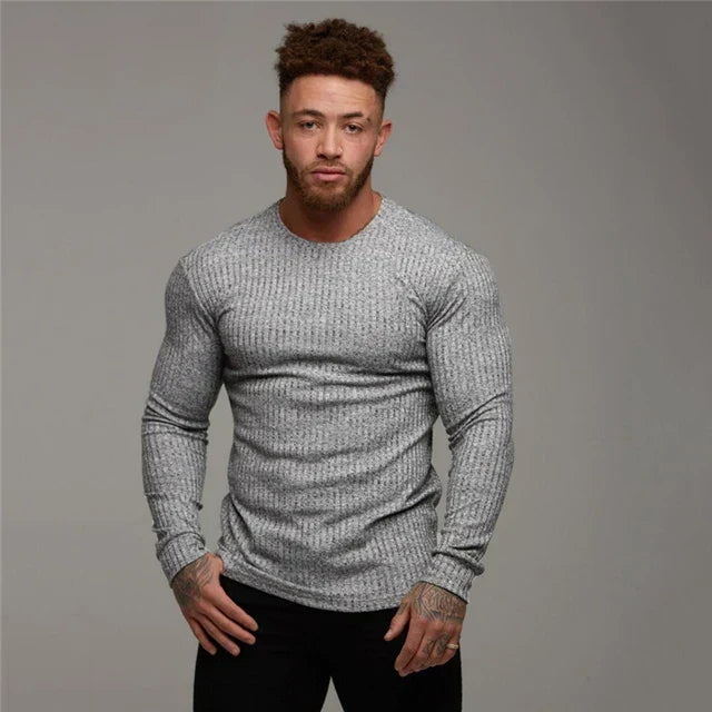 Moda hombre: jersey entallado, manga larga, cuello redondo, suéter cálido para otoño-invierno.