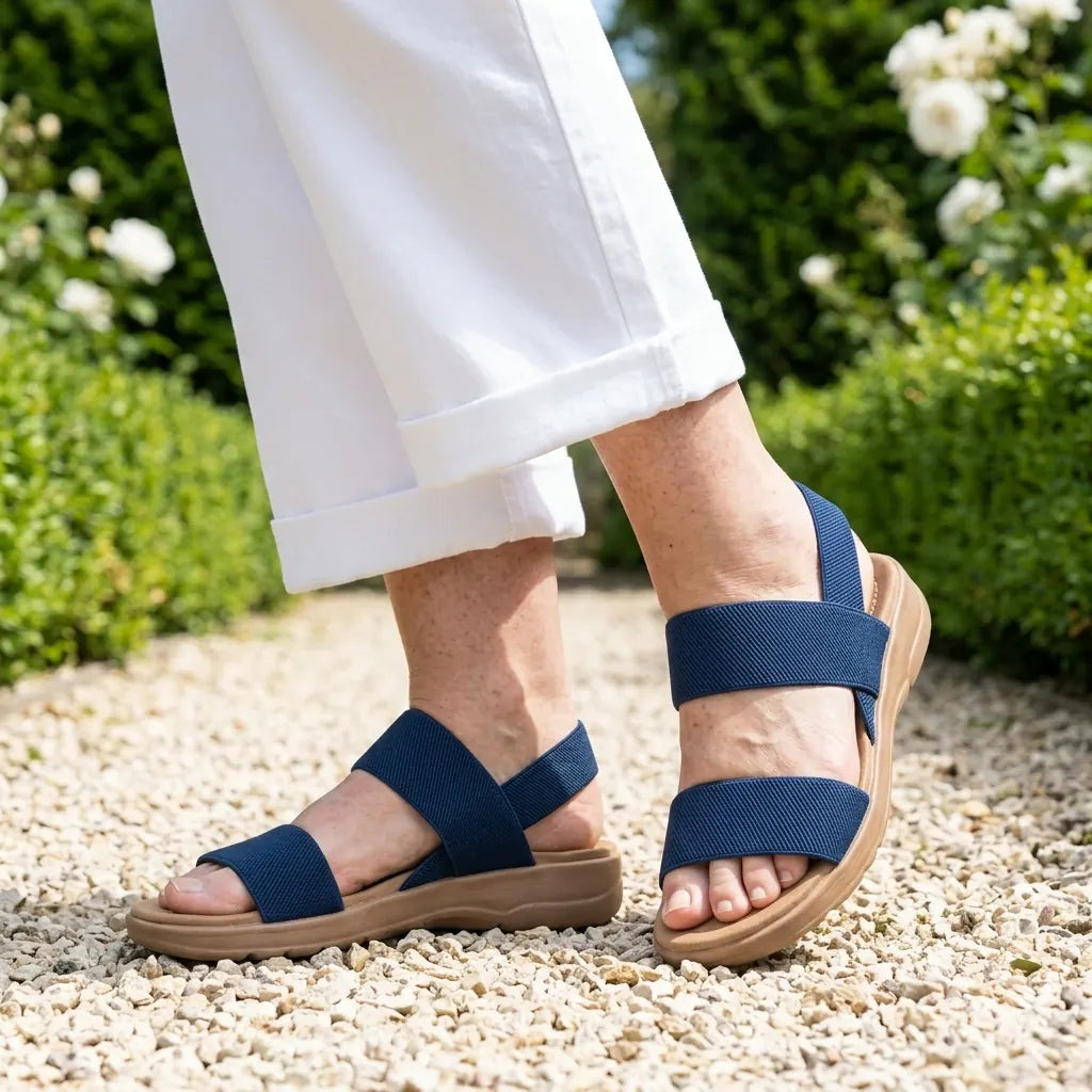 Perfil de sandalias elásticas de mujer. Suela ligera con amortiguación, ofrece comodidad duradera.