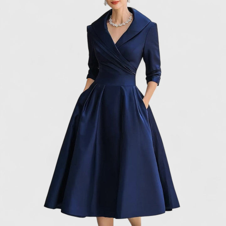 Vestido midi elegante para mujer con escote V y mangas 3/4, perfecto para eventos especiales de día o noche.