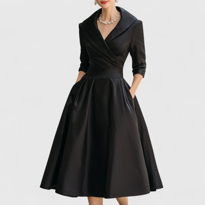 Vestido de mujer estilo midi, corte elegante, escote en V favorecedor y mangas 3/4, ideal para bodas y fiesta.