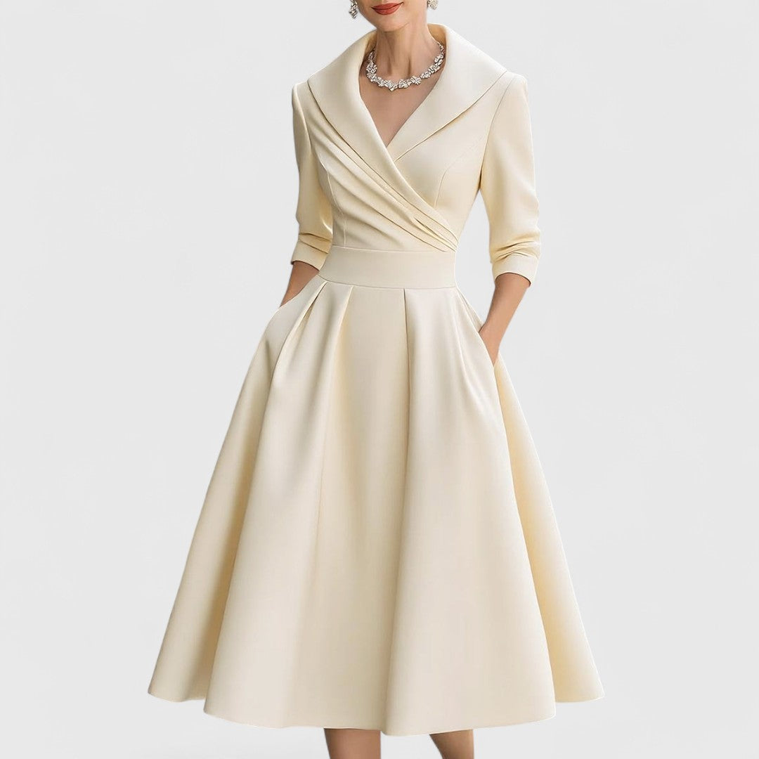 Atractivo vestido midi mujer, elegante y versátil, con escote en V y mangas 3/4. Ideal para fiesta y ocasiones.