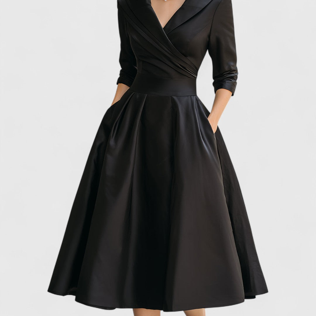 Vestido midi de día elegante para mujer, con falda acampanada, escote en V y manga 3/4. Perfecto para primavera/otoño.
