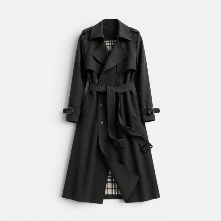 Abrigo gabardina clásico de mujer con patrón de cuadros, perfecto para entretiempo y primavera.