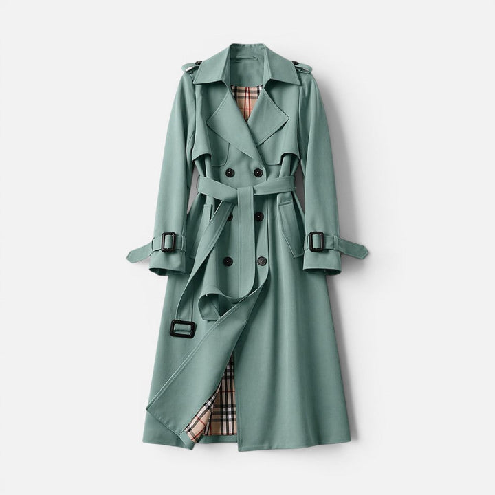 Chaqueta gabardina larga para mujer con diseño de cuadros, cinturón y doble botonadura, estilo elegante.