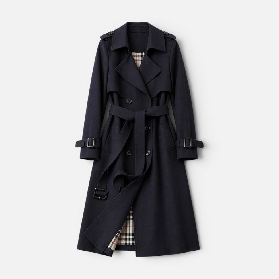 Gabardina larga de mujer con cinturón y diseño de cuadros, versátil para looks de otoño y primavera.
