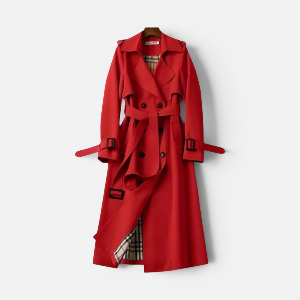 Gabardina de mujer estilo clásico con cinturón, patrón de cuadros y doble botonadura, ideal para entretiempo.