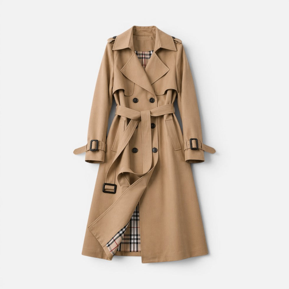 Gabardina larga de mujer con estampado de cuadros, cinturón ajustable y doble botonadura, ideal para otoño.