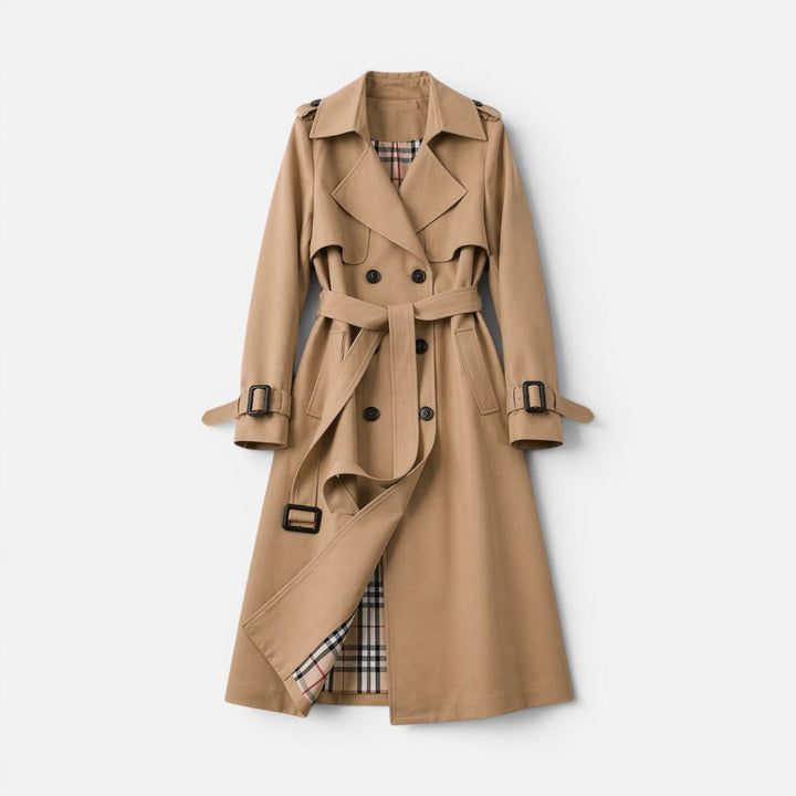 Gabardina larga de mujer con estampado de cuadros, cinturón ajustable y doble botonadura, ideal para otoño.
