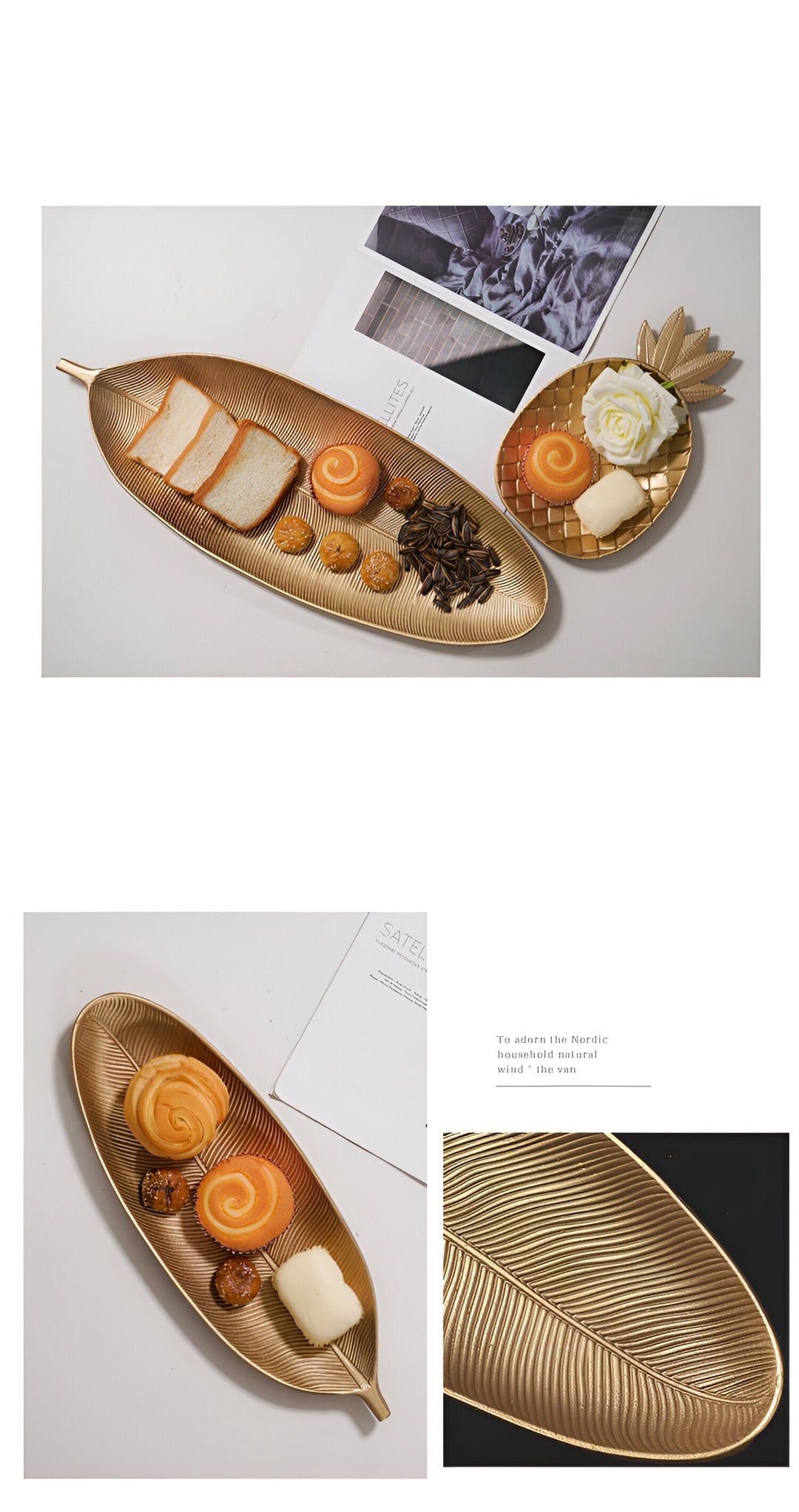 Organizador y bandeja de servir botánica nórdica. Diseño de hoja tropical en oro y madera para el hogar.
