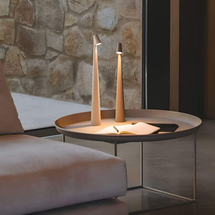 Lámpara de mesa LED inalámbrica regulable, diseño nórdico minimalista para iluminación de ambiente o luz de lectura.