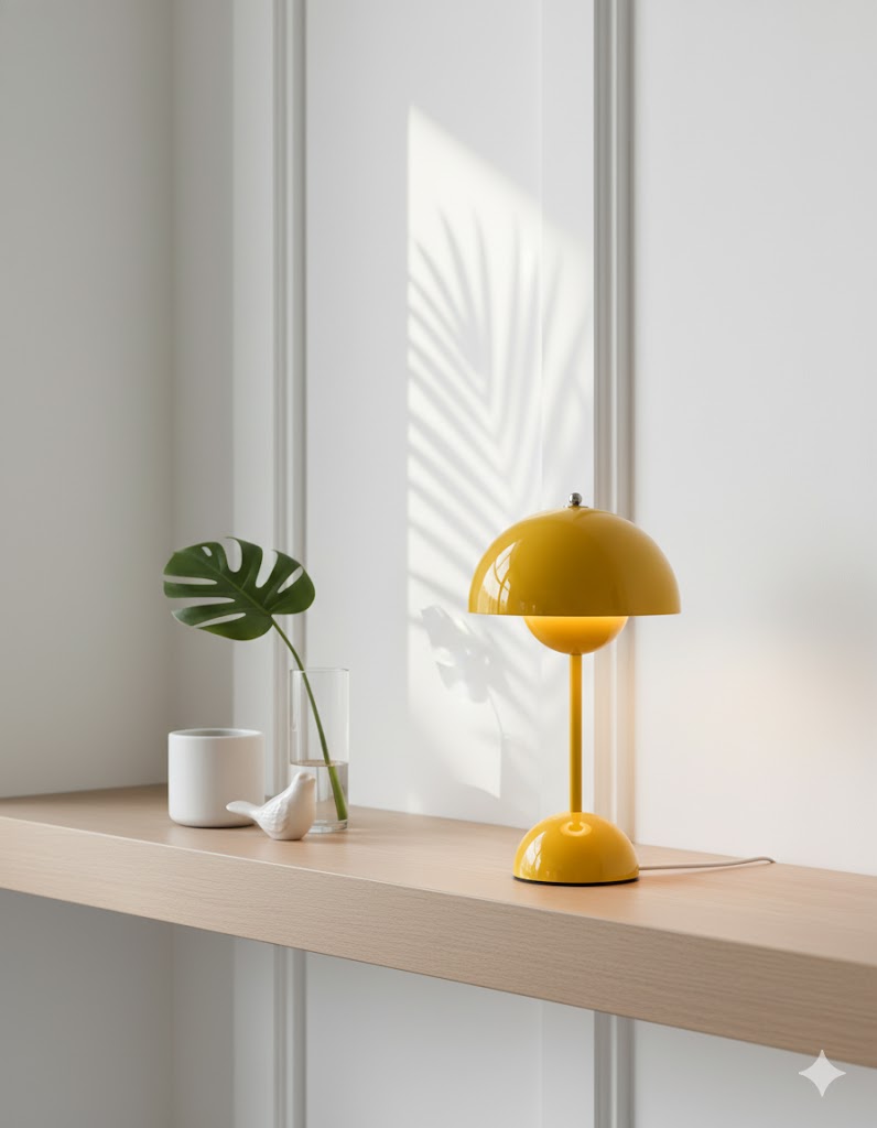 Lámpara de mesa estilo Mid-Century, luz ambiente sofisticada, ideal para decoración de hogar.