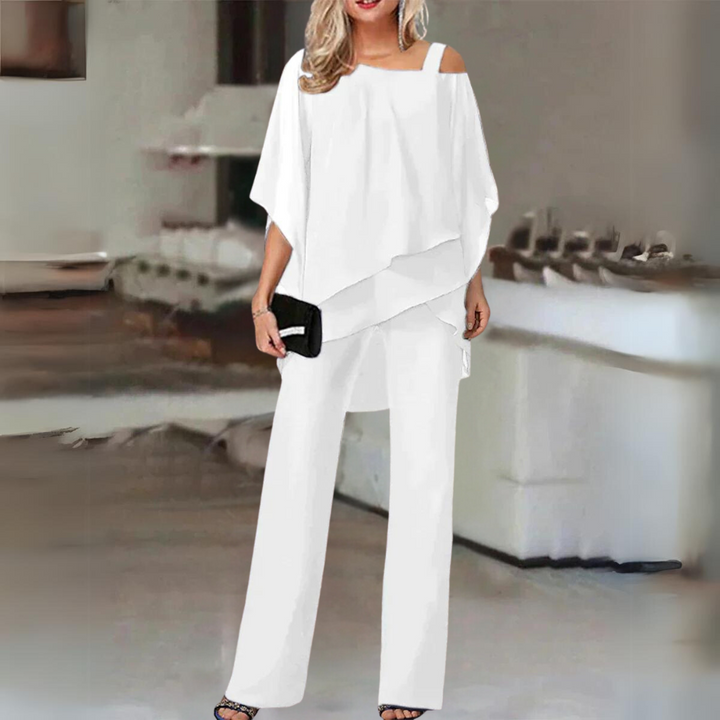 Elegante conjunto de dos piezas para mujer, pantalón y top manga larga. Ideal para oficina o estilo casual.