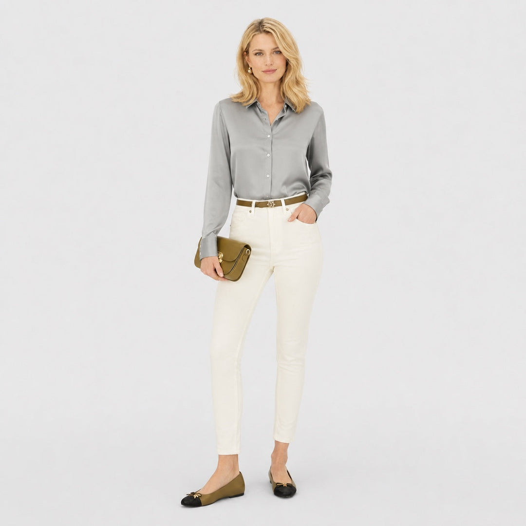 Blusa chic para mujer, manga larga y cuello solapa. Diseño formal y entallado. Moda de primavera.
