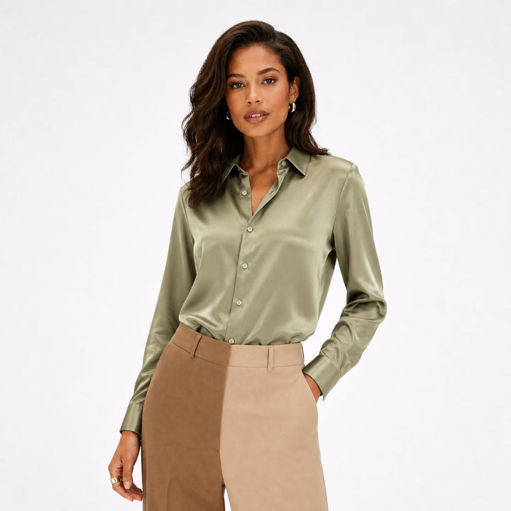 Blusa de oficina entallada para mujer, estilo elegante con cuello solapa y manga larga.