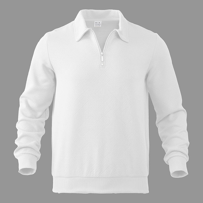 Primer plano de suéter de punto ZENO para hombre con media cremallera, textura de calidad y confort.
