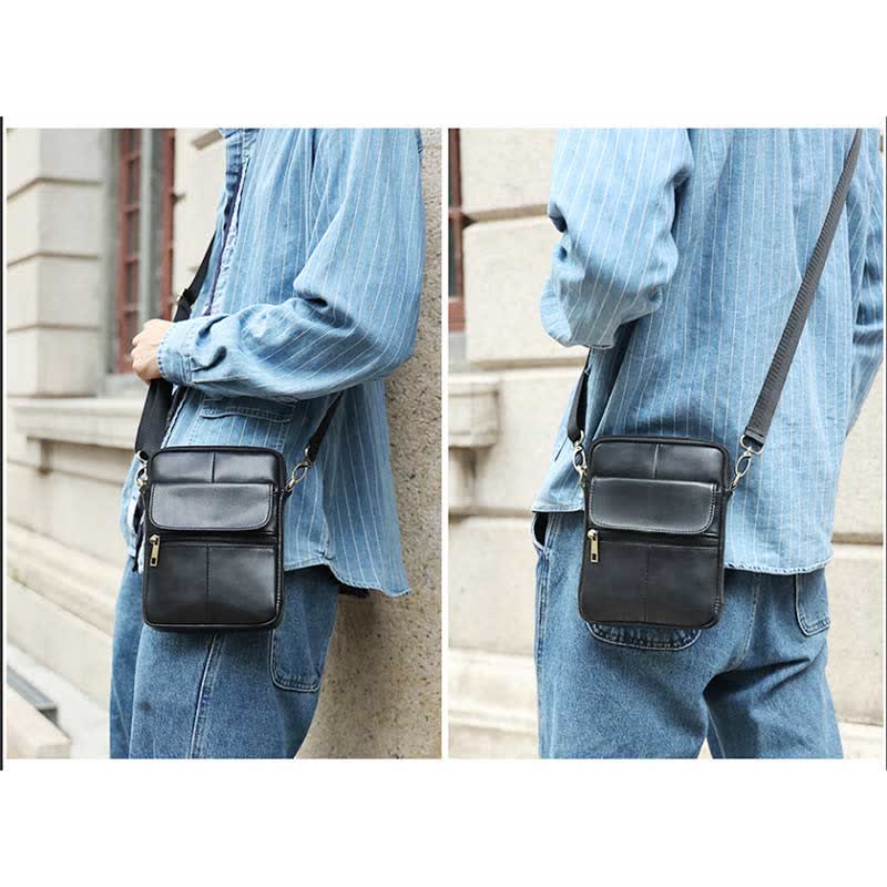 Pequeño bolso cruzado de cuero para hombre, ideal para llevar lo esencial.