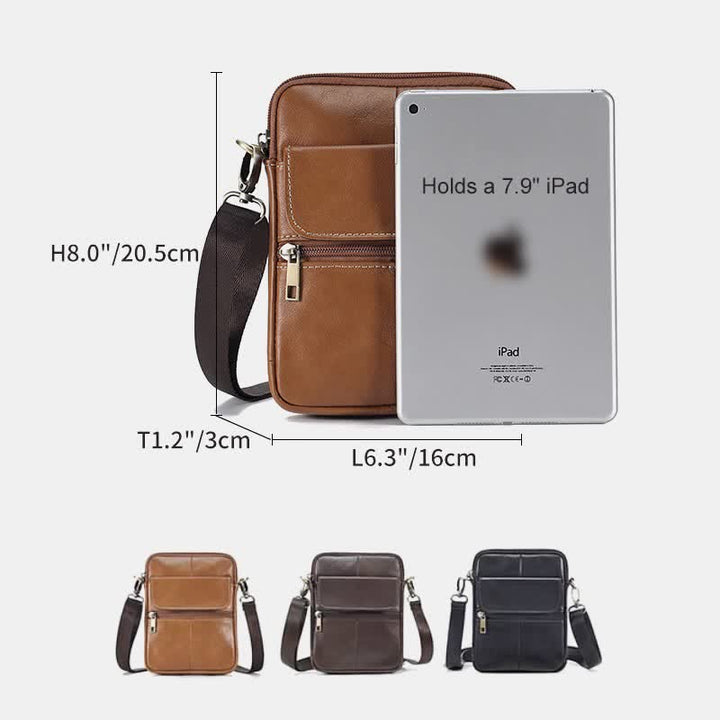 Bolso de cuero genuino para hombre, diseño compacto y funcional para uso diario.