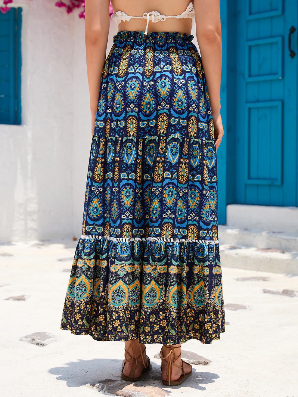 Maxi falda bohemia con cintura alta para mujer. Caída fluida, perfecta para ropa de verano casual.