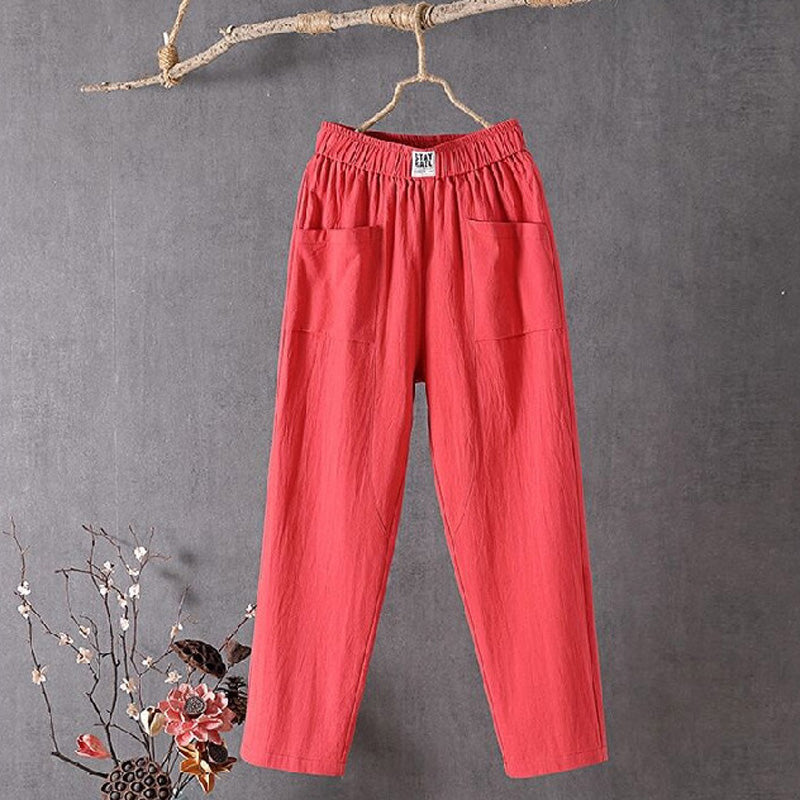 Pantalones de mujer de verano, estilo relajado y natural, confeccionados en lino y algodón, con prácticos bolsillos.