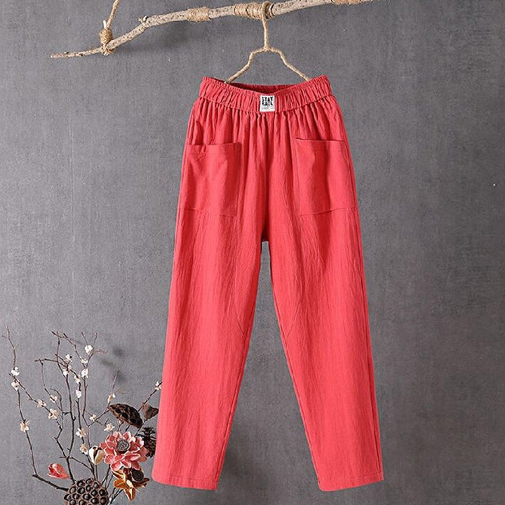Pantalones de mujer de verano, estilo relajado y natural, confeccionados en lino y algodón, con prácticos bolsillos.