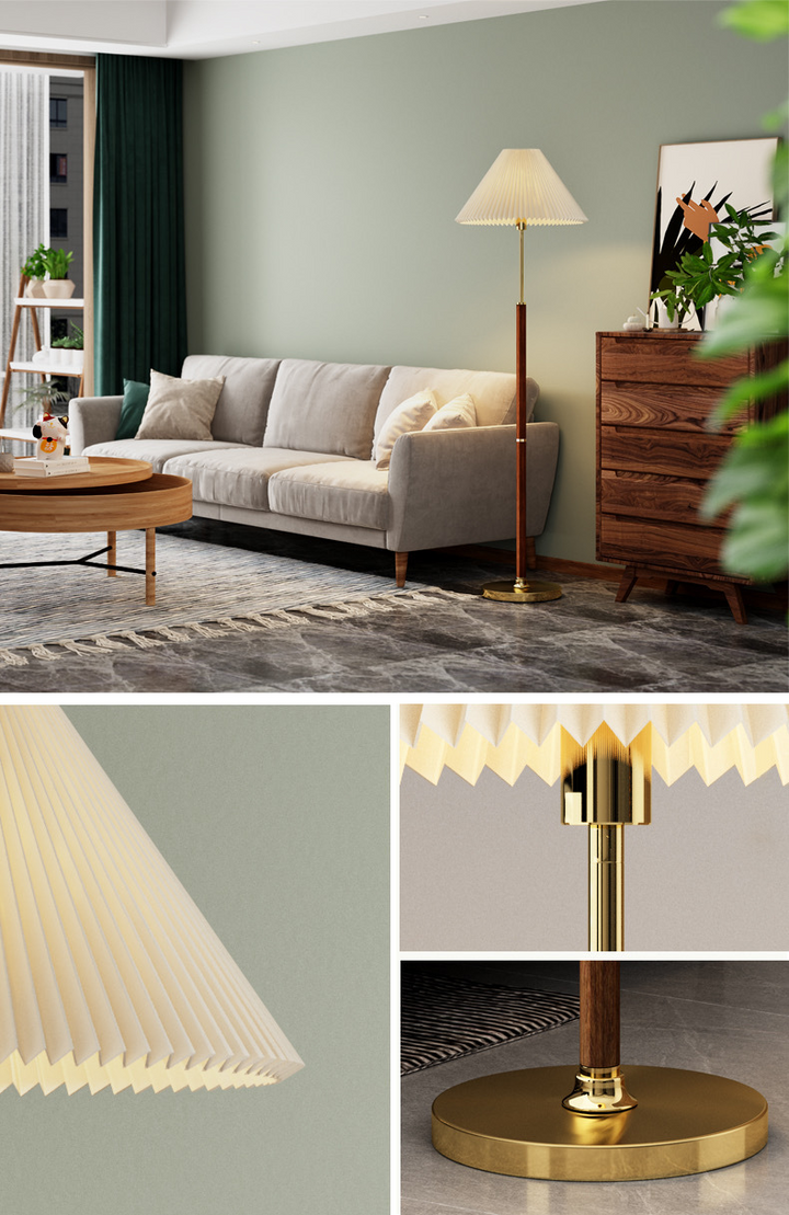 Lámpara de pie Lucira, luz cálida y estilo con pantalla plisada. Perfecta para el hogar moderno.