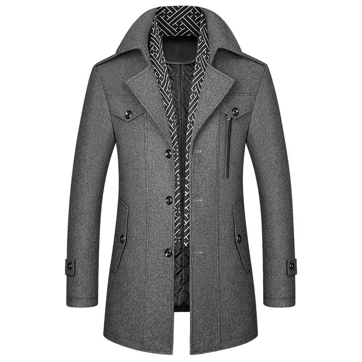 Abrigo de invierno masculino, corte clásico y color oscuro, perfecto para un look formal.