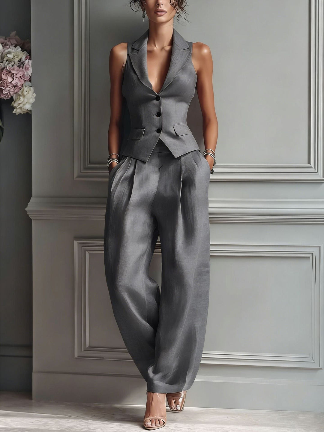 Conjunto de chaleco y pantalón ancho femenino. Ropa formal o casual chic, ideal para oficina o evento veraniego.