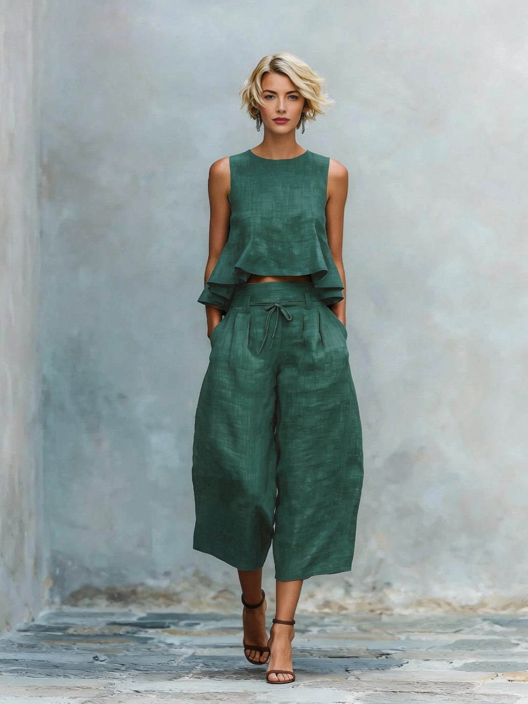 Top con volantes para mujer, parte de un conjunto de dos piezas con pantalón ancho. Ideal para días de verano.
