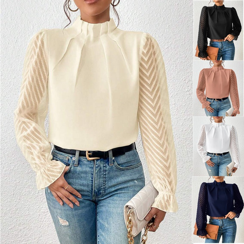 Blusa casual chic de verano para mujer, modelo SYLVIA, con diseño fluido y mangas transparentes.