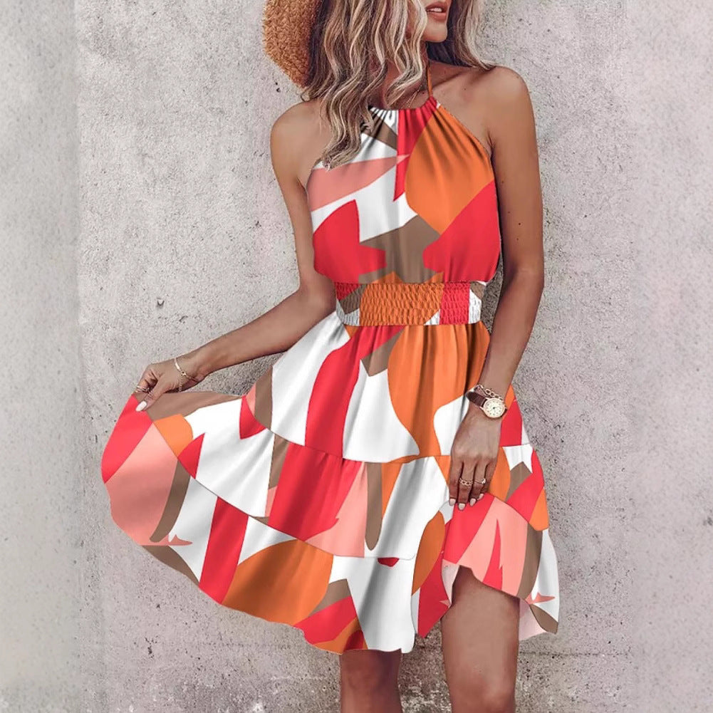 Vestido halter EVA para mujer con falda de capas fluida y cintura elástica, ideal para moda verano casual.