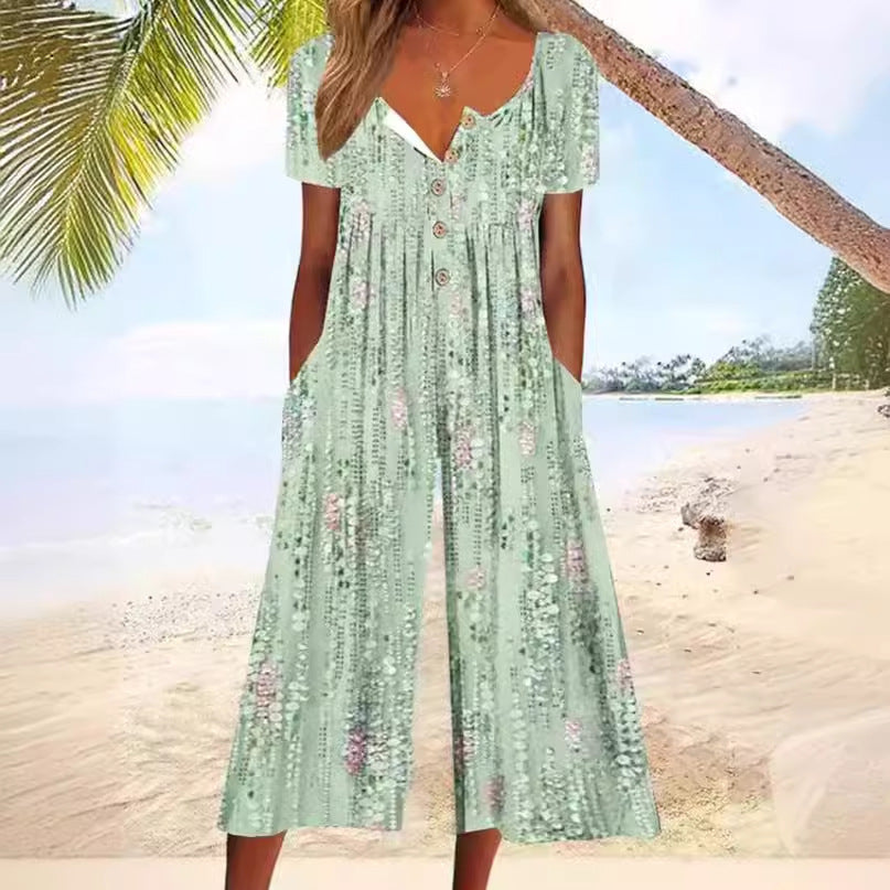 Elegante mono de mujer para verano, con escote V y corte moderno. Perfecto para ocasiones casuales y formales.