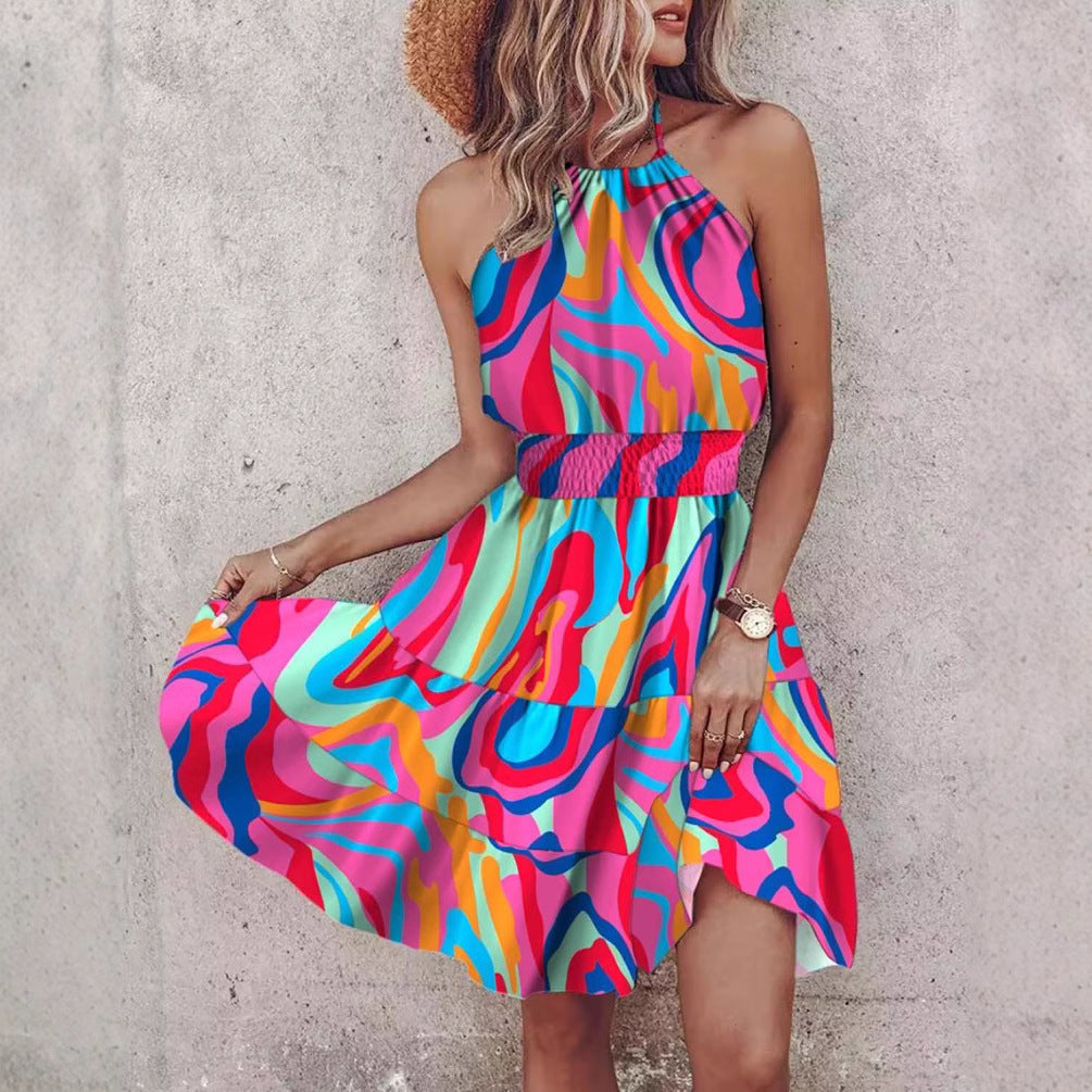 Vestido halter femenino EVA sin mangas con falda de capas, cintura elástica. Estilo elegante y casual de verano.