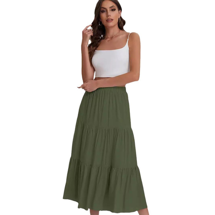 Versátil falda midi BASILISA con volantes. Combina elegancia y comodidad para un estilo femenino veraniego.