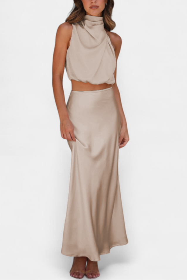 Conjunto de falda elegante para mujer con espalda descubierta, ideal para verano y primavera.