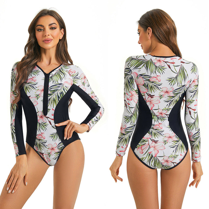 Traje de baño deportivo mujer, manga larga y cremallera frontal, para máxima protección UV en playa o piscina.