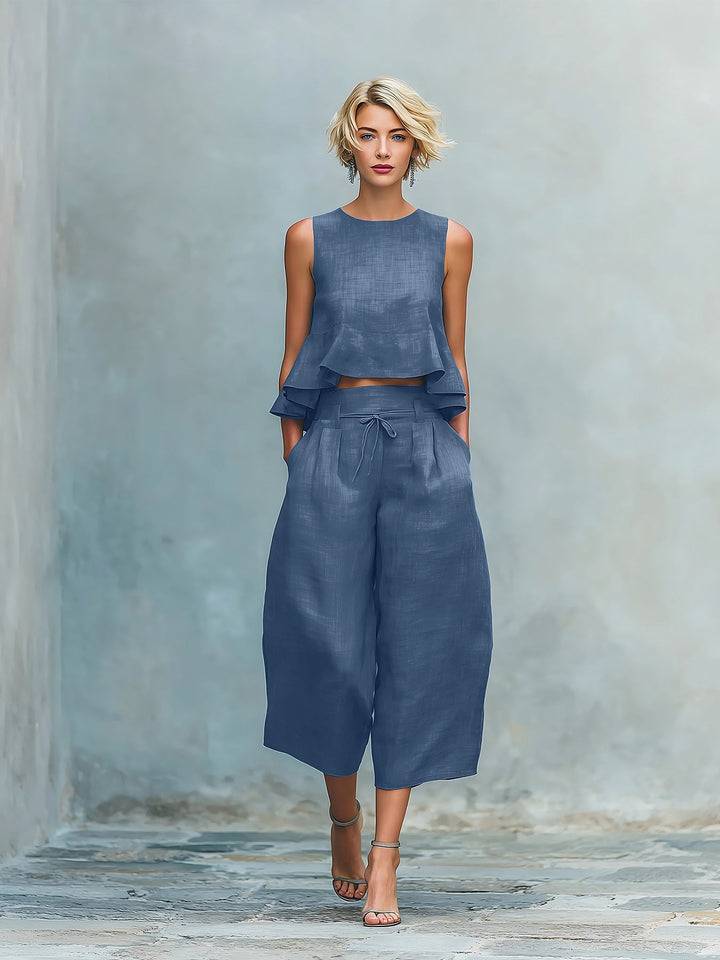 Ropa femenina cómoda: conjunto de dos piezas con top volante y pantalón ancho, ideal para un look veraniego.