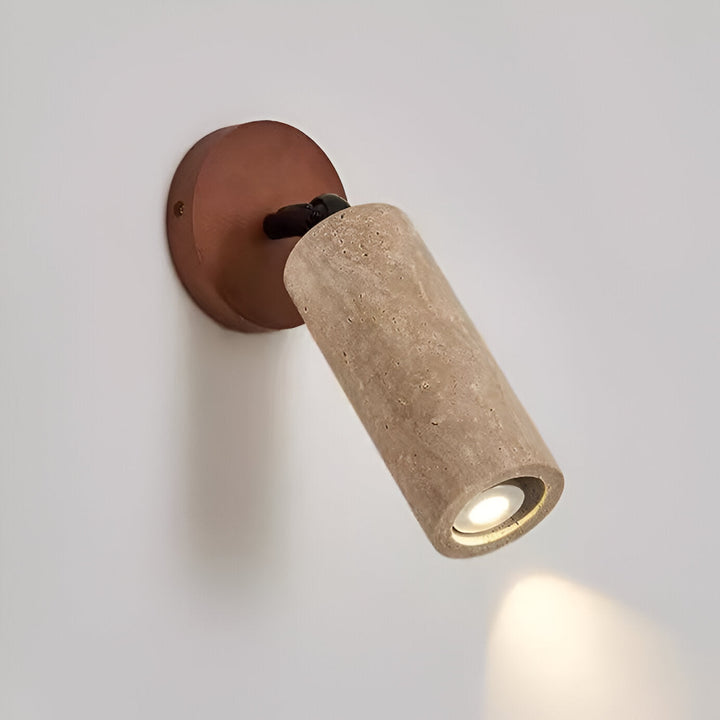 Lámpara LED de diseño moderno, travertino y madera. Regulable para pared/techo, ideal para luz cálida.