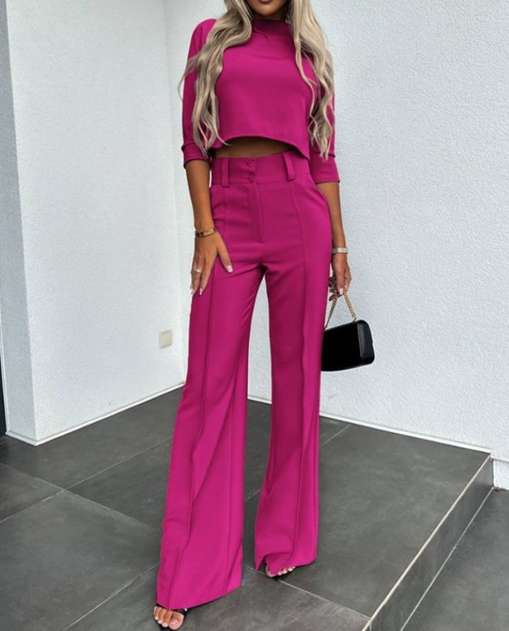 Ropa de moda femenina: Conjunto de dos piezas con pantalón ancho y blusa versátil en caqui. [[lstfy-media:6]]