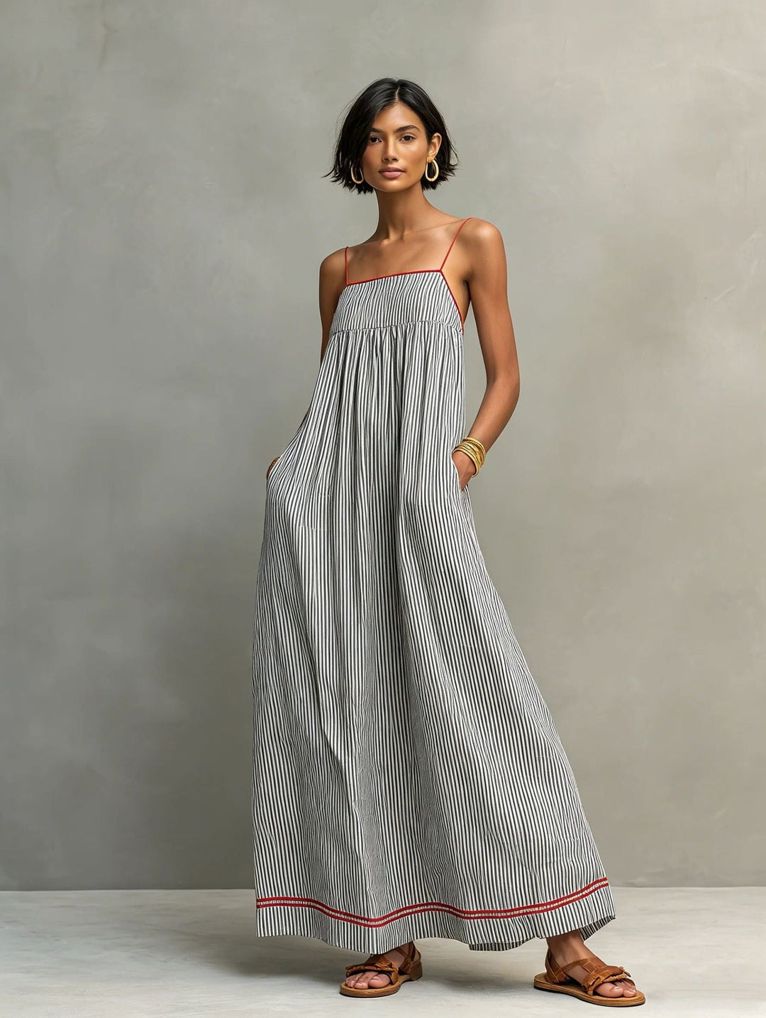Vestido de verano largo para mujer, fresco y con rayas finas, ideal para cualquier ocasión casual de temporada.