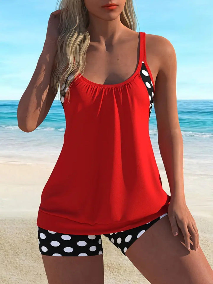 Bikini de mujer estilo vintage con lunares, cintura alta, perfecto para la playa y vacaciones.
