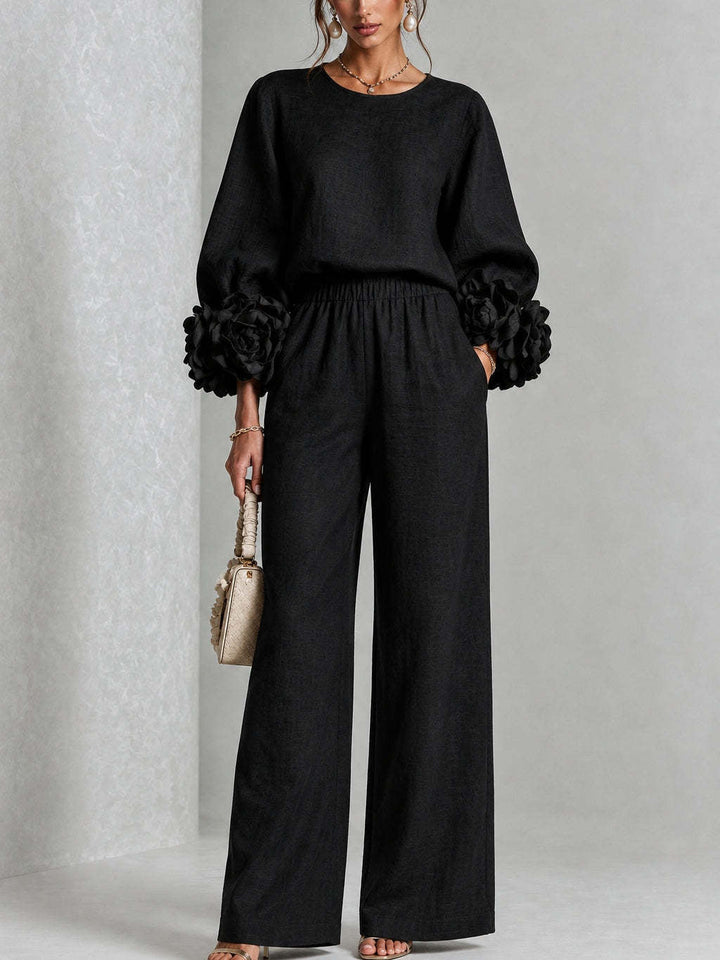 Blusa floral de verano con manga corta y pantalón ancho fluido, conjunto casual y chic de dos piezas.