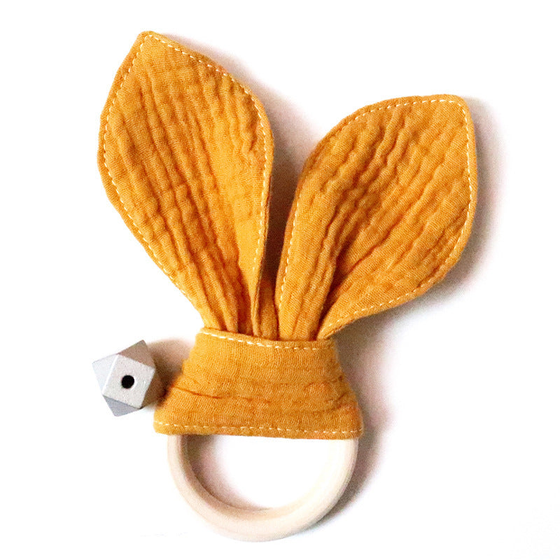 Mordedor natural de madera y algodón para bebés, diseño Montessori de orejas de conejo, seguro y ecológico para la dentición.