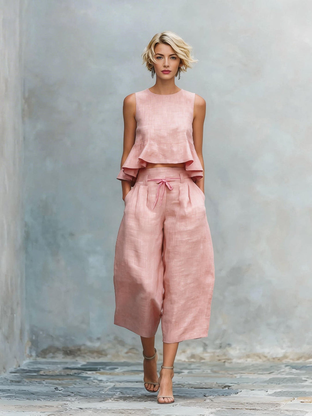 Moda de verano: Conjunto de dos piezas de mujer con top volante y pantalón ancho, versátil para looks casuales.