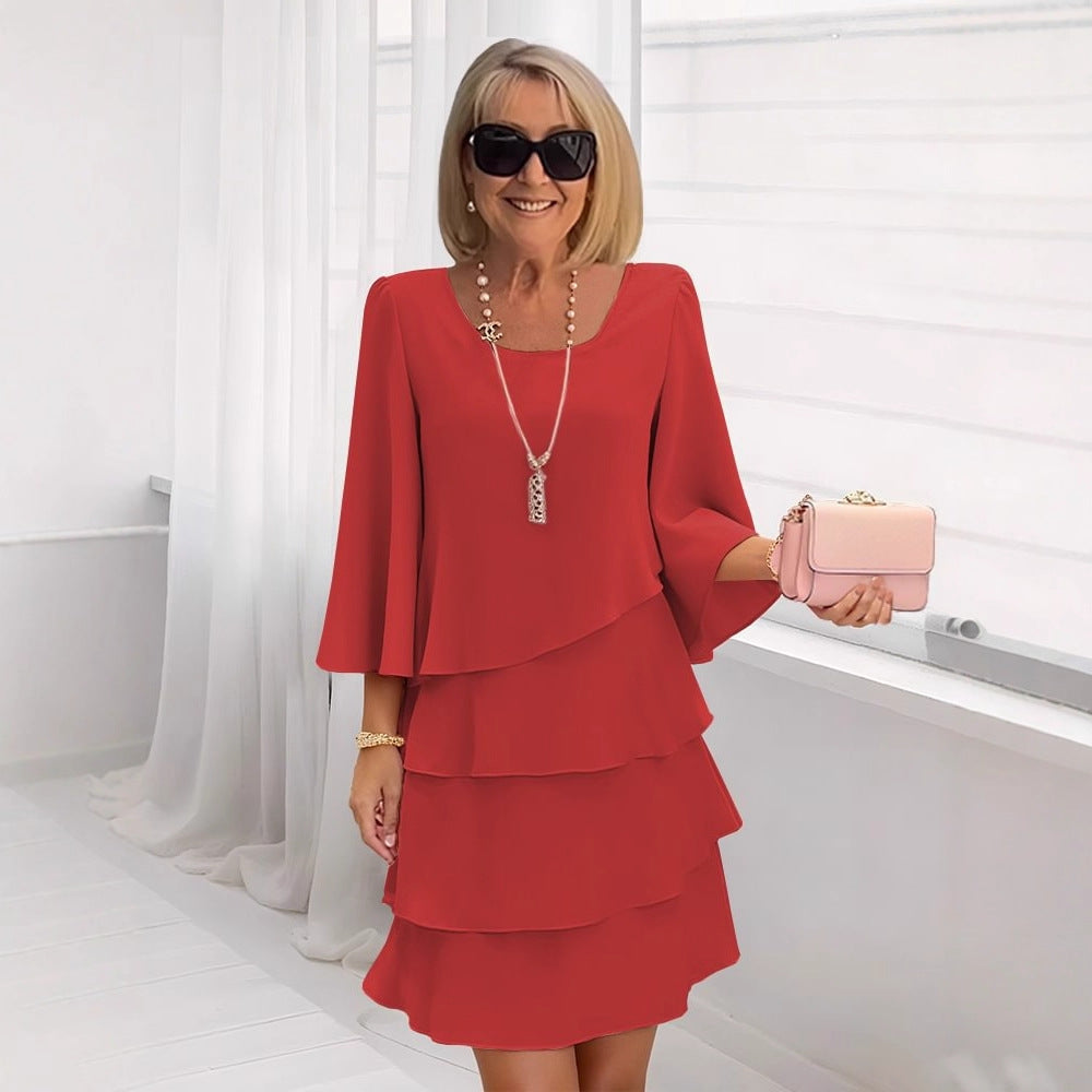 Vestido midi femenino con volantes para mujer, estilo A-line, perfecto para eventos casuales o fiesta.