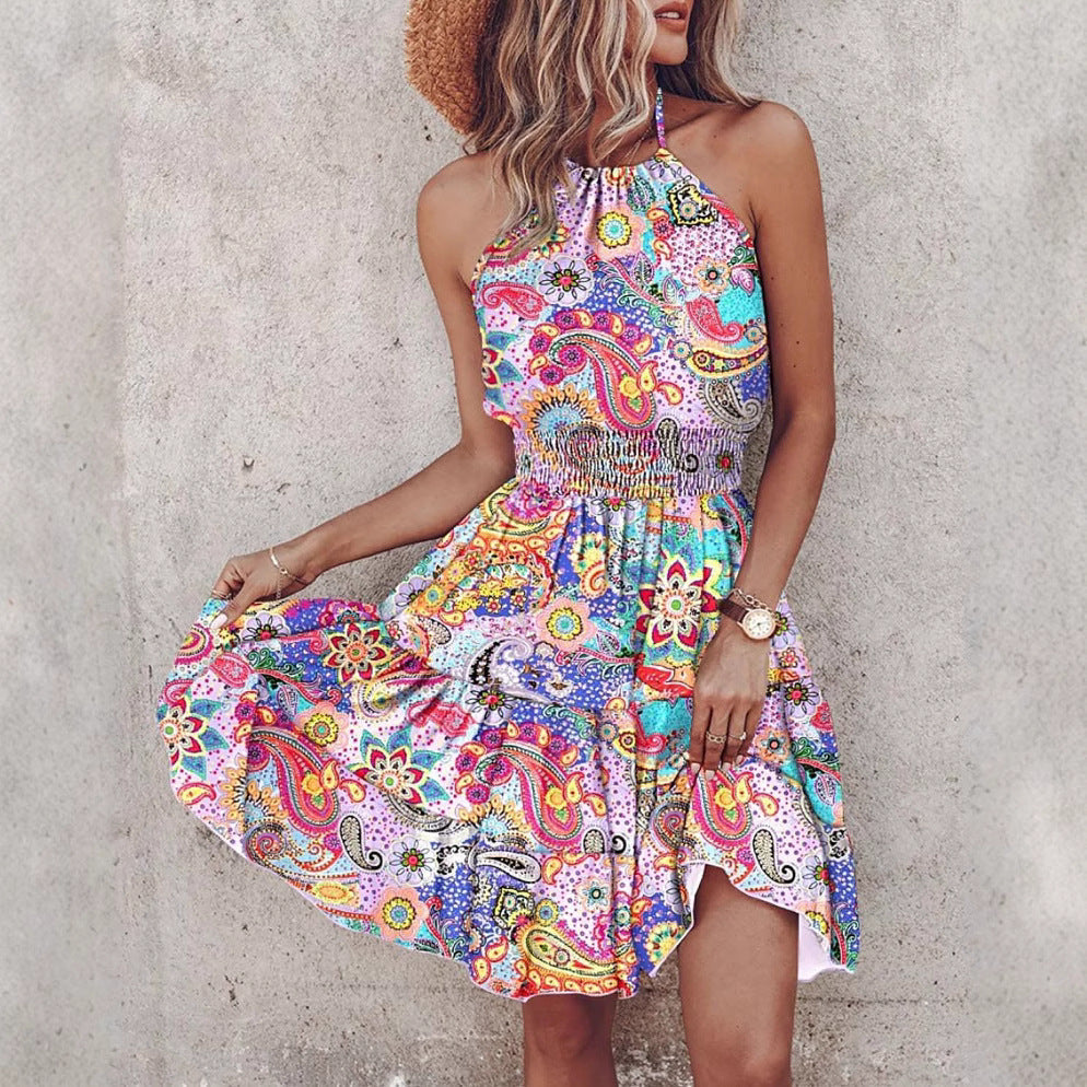 Vestido halter EVA para mujer. Diseño de falda de capas y cintura elástica, perfecto para moda de verano femenina.