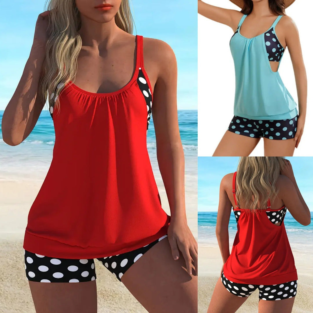 Bikini de verano para mujer, diseño de lunares, bañador elegante de cintura alta y moda playa.